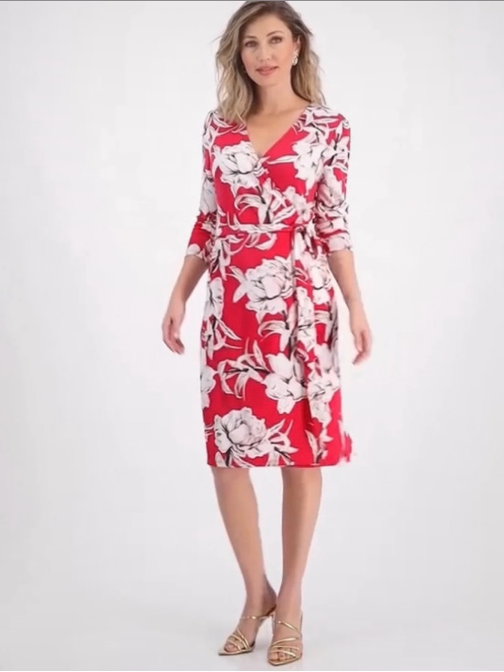 INC International Concepts Red and White Floral Wrap Midi Dress